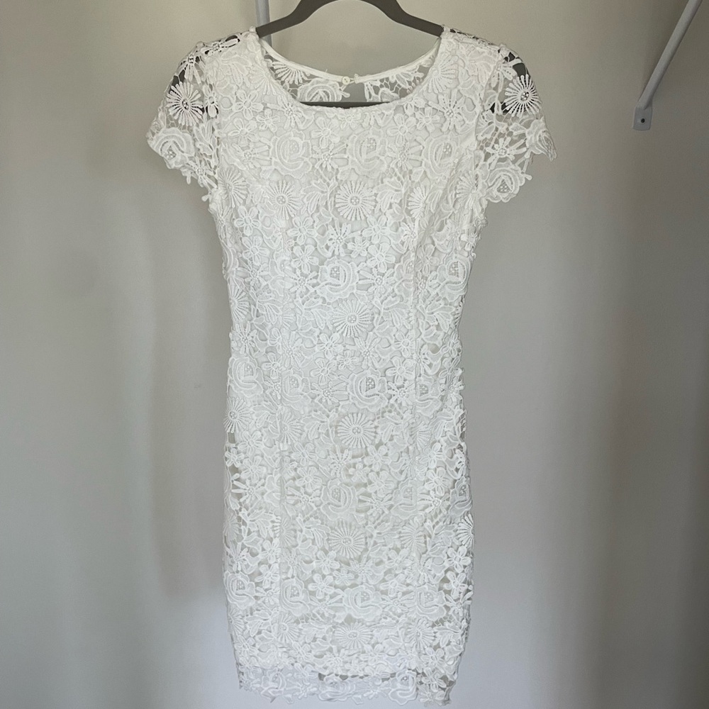 Lulu's "Hidden Talent Backless" ivory lace dress